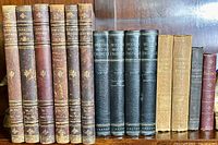 Full view of entire book collection showing all volumes arranged side by side on wooden shelf