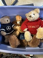 Bin of collectible teddy bears including a bear with Giorgio red sweater and Mercedes black sweater among other bears.