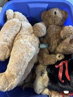 Top view of plush bears in blue container showing two beige and brown bears with Vermont Teddy Bears tags and another small bear with red bow.