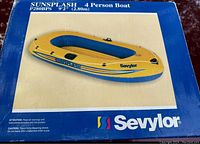 Box image showing the SunSplash 4 Person Boat by Sevylor with yellow raft picture for reference.