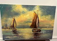 Full view of the oil painting showing two sailboats on calm water with a cloudy sky.