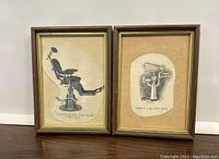 Two framed vintage dentist chair paper advertisements side by side on a dark wooden surface, frames size 5x8.