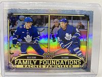 Front close-up of the holographic Upper Deck Family Foundations hockey trading card featuring two players in blue Maple Leafs uniforms, Max and Tie Domi.