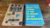 Photo showing front covers of 'The Pocket Scavenger' and two copies of 'What You Think of Me is None of My Business' on wood surface.