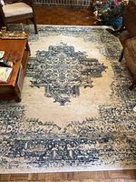 Full view of the large rectangular Nourison area rug on wood floor, showing central medallion pattern and border.