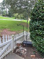 Photo showing three shepherds hooks of varying height near a white picket fence, with a bird feeder hanging on one hook. The setting is outdoors with grass and trees in background.