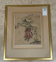 Full view of the framed drypoint print showing Asian figure and blue birds, signed and numbered by Elyse Lord.