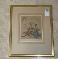 Full frontal view of the framed drypoint print showing overall appearance, frame, mat, and glass reflectance