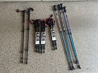 All six pairs of trekking poles arranged on floor