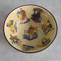 Top interior view of ceramic bowl showing hand-painted colorful Chinese figures and calligraphy around interior base and sides.