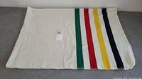 Folded blanket showing white background and colored stripes