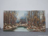 Full view of vintage oil painting showing country landscape with trees, rustic building, and stream.