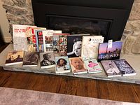 Front view of all books laid out in one row on a stone hearth, showing covers and titles.