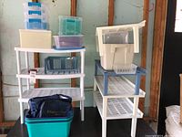 Two plastic storage shelf units with various plastic storage containers and bins in a garage setting.