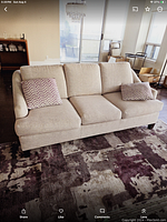 Front view of entire sofa with two throw pillows on patterned rug