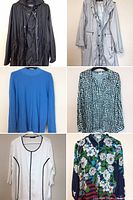 Image showing eight women's clothing items hung: two lightweight jackets (black, silver), two sweaters (camel, bright blue), three blouses (black/white checkered, floral print, white with black trim)