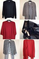 Top left black knit sweater, top right grey knit jacket, middle left red ribbed pullover tunic, middle right assorted pants with labels, bottom left leopard and grey two-piece set, bottom right red knit open cardigan