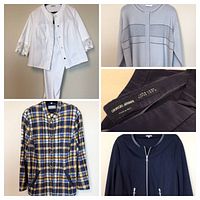 Collage of the five items showing the white lace and twill outfit, pale blue cardigan, navy zip-up jacket, plaid topper, and label details