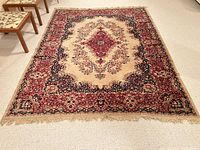 Top-down view of rug showing full central medallion and border design.