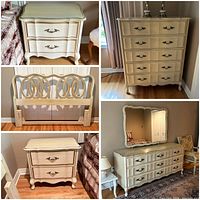 Collage showing one bedside table, tallboy dresser, scroll headboard, long dresser and second bedside table arranged in bedroom