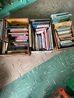 Three boxes filled with assorted children's books taken from above showing the variety and quantity of books