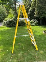 Full view of the Featherlite 6 foot yellow fiberglass step ladder standing open on grass showing brand and structure.