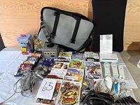 Overall view of tote bag, consoles, controllers, games and cables on table