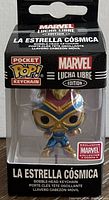 Front view of boxed La Estrella Cósmica Marvel exclusive Funko POP! Pocket Keychain in retail packaging showing branding and figure through clear window.