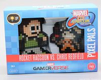 Front view of the boxed Marvel Gamerverse Rocket Raccoon vs. Chris Redfield Pixel Pals 2 Pack showing character figures in pixel art style with original packaging.