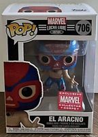 Front view of unopened Marvel Funko Pop figure of El Aracno in box showing front design, Marvel Collector Corps sticker, and figure inside.
