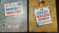 Front covers of two Where's Waldo books by Martin Handford: 'Where's Waldo?' and 'The Great Waldo Search'. Both feature crowded scene illustrations and titles prominently displayed.