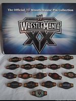 Official WWE WrestleMania XX Pin Collection cardboard folder alongside the full set of 21 collectible pins shaped like championship belts.