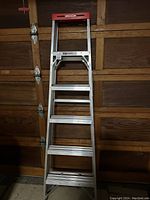 Full view of the Werner 6-foot aluminum ladder leaning against a wooden garage door.