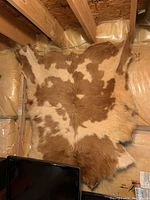 Front view of the brown and white cowhide rug hanging on wall, showing full size and pattern.