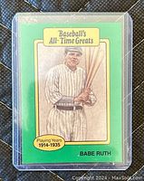 Front of Babe Ruth baseball card from Baseball's All-Time Greats series featuring portrait and playing years.