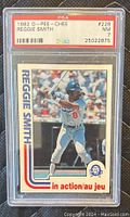Front view of 1982 O-Pee-Chee Reggie Smith baseball card graded PSA 7 Near Mint, showing card details and certification.