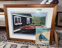 Framed print and small acrylic painting shown together on carpet