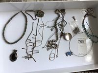 Overview of assorted necklaces, brooch, earrings and beads displayed in tray