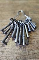 Photo showing close-up of the set of 13 antique metal keys linked on metal ring