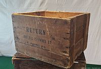 Side view of the vintage wooden crate showing stamped text 'RETURN THIS BOX IS OWNED BY T. EATON CO.' and wood grain details.