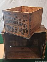 Photo from an angle showing crate with Thomas & Carter text on side.