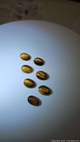 Seven oval polished cabochon Tiger Eye gemstones arranged on a white surface showing their characteristic chatoyancy and golden brown colors.