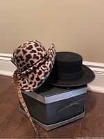Leopard print faux fur hat with long feather next to black felt hat on black and silver box.