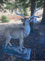 Full view of the buck deer statue standing outdoors under trees with a concrete base.