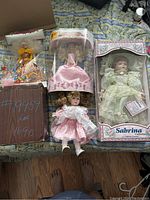 Overview of all 5 dolls including boxed musical doll, porcelain doll in box, two Barbie-like dolls and the case/dome