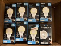 10 boxes of Mercury 60W equivalent smart LED bulbs and 1 Geeni Smart Dot WiFi plug box in a cardboard box.