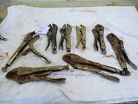 Top view of all eight vise grip locking pliers laid out on cloth, showing size and condition with evident rust and wear.
