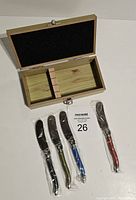 Four stainless steel cheese spreaders with handles in black, green, blue and red lying in front of an opened wooden box with compartments inside.