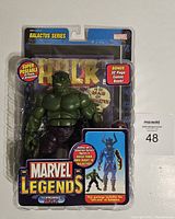 Front view of Marvel Legends Classic Hulk action figure in sealed packaging showing branding and included accessories.