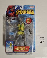 Front view of sealed Howling Manwolf figure in original clear plastic packaging with cardboard backing showing Marvel and The Amazing Spider-Man branding.